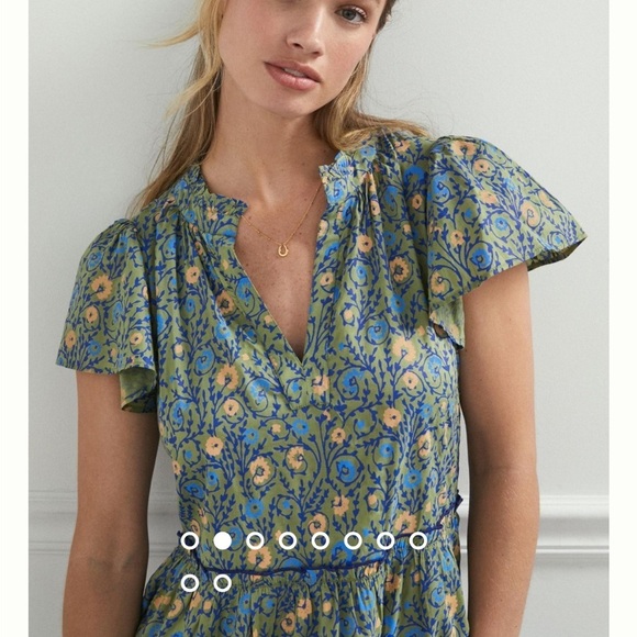 Anthropologie Penrose Tiered Tunic Dress GUACAMOLE Green Blue Puff Sleeve Sz XSP - Picture 2 of 14